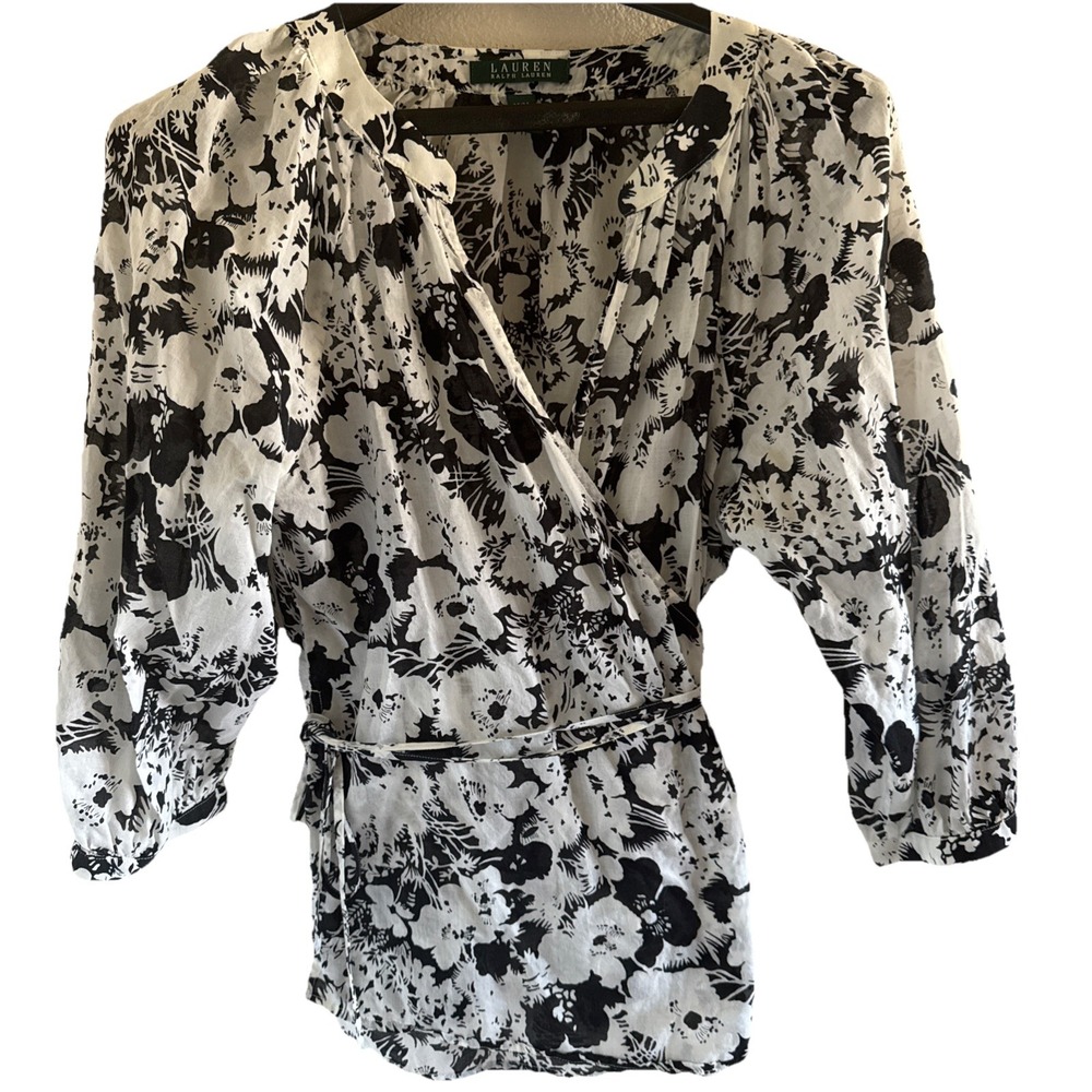 Lauren Ralph Lauren Womens Tie Wrap Top Blouse Shirt Size M Black/White V Neck